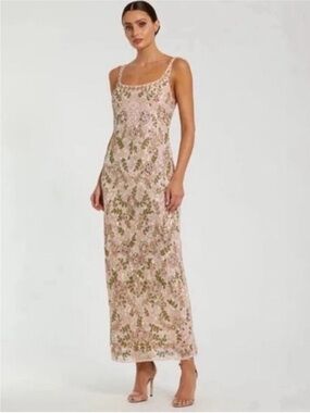 Mac Duggal 10755 Sleeveless Hand Beaded Floral Midi in Nude Multi Sz. 10